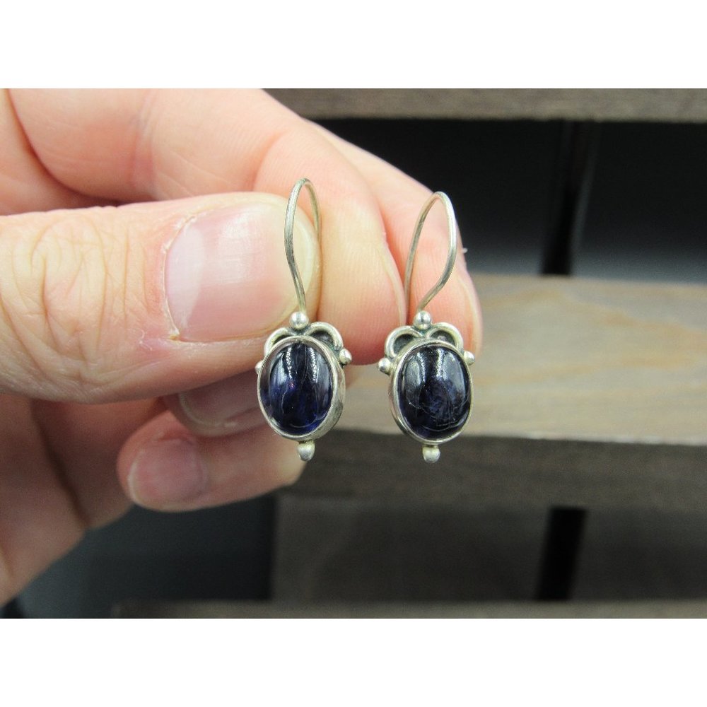 Sterling Silver Heavily Tarnished Dark Amethyst Stone Earrings